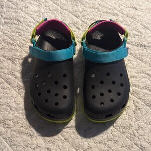 CROCS Black Water Shoes with Blue and Pink Accents